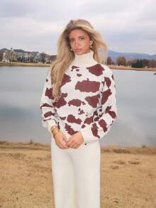 Sydney Algeri Nouveau pull marron automnal pour femmes Vêtements Old Money Automne Pull décontracté pour femmes à col montant avec texture de lait, Pull vache imprimé automne/hiver marron pour femmes, Pull d'hiver pour femmes, Pull automnal, Top imprimé léopard