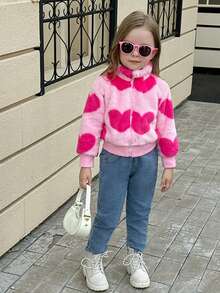 Elladie kids Young Girls' Sweet And Cute Heart-Shape Fluffy Zipper Jacket For Daily Casual And Outdoors, Spring Autumn Winter - Pink - View 3