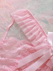 Spicy Aura Plus Size Solid Color Mesh Patchwork Bow Decor Lingerie - Pink - View 5