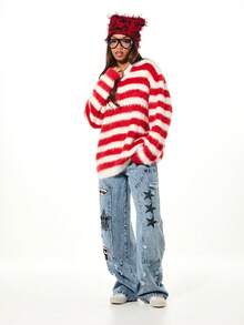 SUMWON WOMEN Áo len dệt kim sọc rộng thùng thình, mềm mại, tay dài, cổ buộc dây, thích hợp mặc mùa đông. - Đỏ và trắng - Xem 3