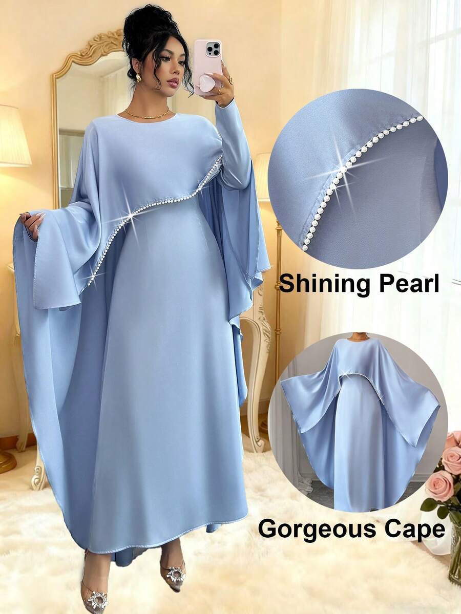 Rafferiza Women's Elegant Solid Color Faux Pearl Trim Cloak Shawl Style Maxi Dress, Muslim Abaya, Baby Blue, Suitable For Wedding Guests, Formal Occasions, Gentle And Graceful Style Elegant Women's Long Blue Fabric Dress With Asymmetrical Cloak Sleeves And Shining Pearl Detail Scoop Neck - Blue - View 1