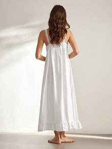 Ocili Women's Solid Color Contrast Lace Single-Breasted Nightgown - White - View 3