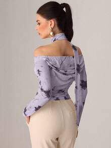 NOVVYNE Autumn Knitted Sexy Sheer Mesh Ribbon Print T-Shirt Light Purple Top - Mauve Purple - View 3