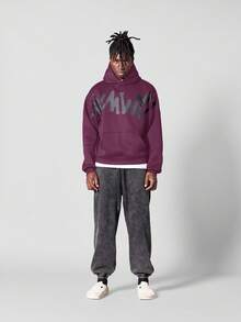 SUMWON Oversized Winter Graphic Logo Pullover Hoodie Centre Pocket Front Drawstring Casual Streetwear College Fashion Statement - Burgundy - View 3