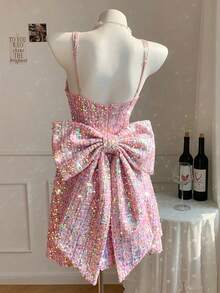 Comfortcana 女士春夏亮片拼接蝴蝶结装饰吊带迷你连衣裙，Glowmode Rave Tweed连衣裙，优雅音乐会连衣裙，情人节连衣裙 - 粉色 - 查看 2