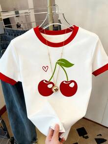 Resyla Áo thun nữ cổ tròn tay ngắn họa tiết quả anh đào Colorblock - Nhiều màu - Xem 3