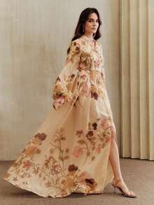 Anewsta Women's Floral Print Ruffle Decor Cinched Waist Maxi Dress, Elegant Casual Long Dress, Spring/Summer Resort Wear, Luxury Abaya Style - Yellow - View 1
