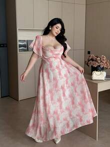 Vibekara Plus Size Floral Print Chiffon Maxi Dress, Sweet Style, Suitable For Outdoor Wear, Spring/Summer - Pink - View 3