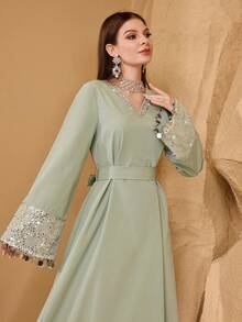 Al Najma Women's New Fashionable Elegant Luxurious Sequin Mesh Sleeve Sequin Ribbon Splice Lace Collar Embroidered Waistband Slimming Long Arabic Dress - Green - View 5