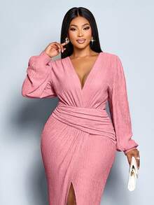 SOLERSUN 大码女式纯色秋冬气质优雅V领不对称交叉下摆泡泡袖连衣裙，适合派对和音乐节等场合，长袖开衩下摆连衣裙质感面料，秋季婚礼宾客礼服，优雅女士连衣裙，舞会礼服，黑色连衣裙，性感连衣裙 - 粉色 - 查看 1