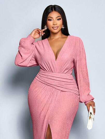 SOLERSUN Plus Size Women's Solid Color Autumn And Winter Temperament Elegant V-Neck Asymmetrical Cross Hem Puff Sleeves, Suitable For Parties And Music Festivals,Long Sleeved Hem Slit Dress Texture Fabric,Fall Wedding Guest Dress,Elegant Dress For Women,Prom Dress,Black Dress,Sexy Dress