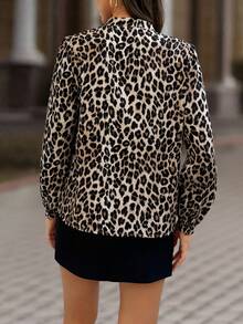 EMERY ROSE 女士秋季系带领长袖豹纹优雅衬衫 - 杏色 - 查看 2