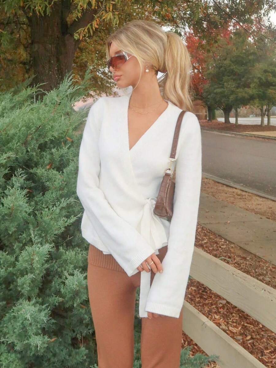 Sydney Algeri Women's Casual Loose Tie Front Cardigan, Versatile Fall Winter Cloth For Women - White - View 1