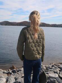 Sydney Algeri 休闲几何圆领口袋加厚保暖聚酯纤维合成保暖冬季外套冬季夹克 - 軍綠色 - 查看 2