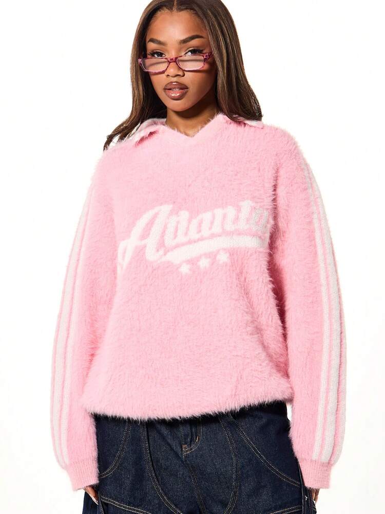 SUMWON WOMEN Oversized Fluffy Knit Top With Contrast Stripes