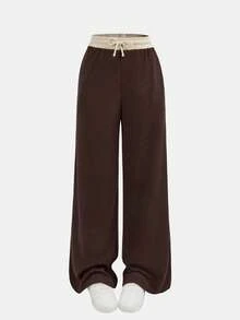 SHEIN Girlism 少女春夏时尚罗纹棕白撞色休闲修身基础款T恤搭配撞色腰带宽松口袋裤套装，休闲运动街头风。适合大学运动、返校、足球、户外等场合，舒适百搭。 - 棕色 - 查看 3