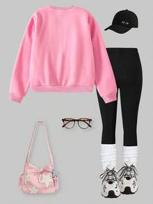 SHEIN Explorewe 2pcs/Set Teenage Girls Sweatsuit, Pink Sweatshirt With Letter & Heart Print, Black Skinny Pants, Comfortable Fitted, Suitable For Valentine's Day, Autumn/Winter And Spring - Pink - View 2