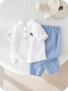 SHEIN 2pcs Baby Boy/Girl Blue White Stripe Summer Cute Family Matching Mandarin Collar White Shirt And Pants Set,Christening Outfit For Birthday Party - Multicolor - View 6