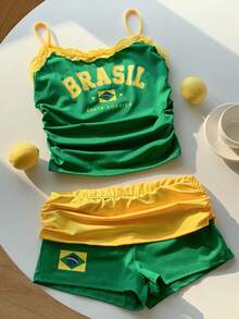 SHEIN EZwear 女士绿色吊带背心和短裤两件套，简约时尚休闲日常穿着