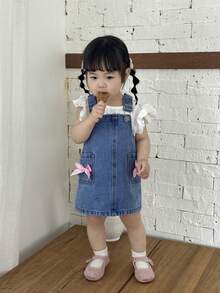 SHEIN 女婴可爱粉色蝴蝶结牛仔连衣裙，儿童女孩春夏休闲度假乡村波西米亚风服装，儿童女孩沙滩装，春假装，锐舞节牛仔连衣裙 - 中等水洗藍 - 查看 5