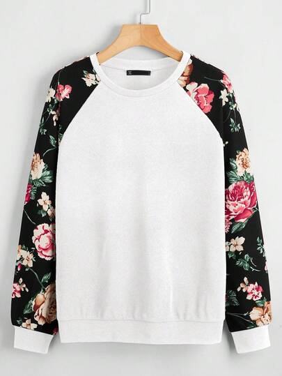 SHEIN LUNE Plus Size Women Floral Print Raglan Sleeve Casual Crew Neck Sweatshirt