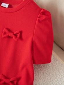 Girls' Butterfly Decor Short Sleeve Pleated Red Knit Dress, Loose Fit, Suitable For Spring/Summer, Holidays, Summer, Travel, Fits Girls Ages 8-12 - Red - View 4