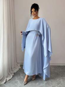 Rafferiza Women's Elegant Solid Color Faux Pearl Trim Cloak Shawl Style Maxi Dress, Muslim Abaya, Baby Blue, Suitable For Wedding Guests, Formal Occasions, Gentle And Graceful Style Elegant Women's Long Blue Fabric Dress With Asymmetrical Cloak Sleeves And Shining Pearl Detail Scoop Neck - Blue - View 4