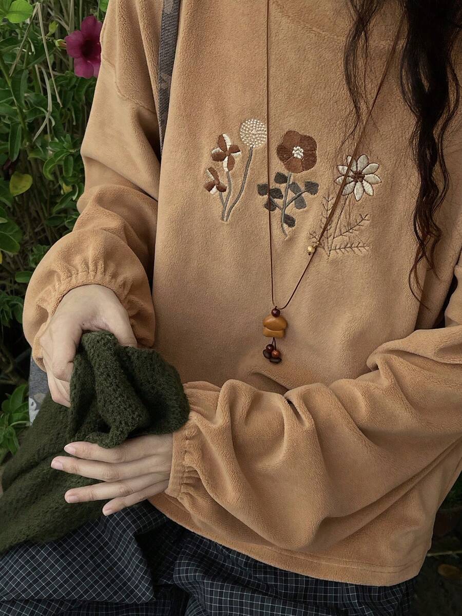 FRIFUL 女士休闲花卉刺绣落肩T恤，适合度假和通勤穿着。 - 棕色 - 查看 1