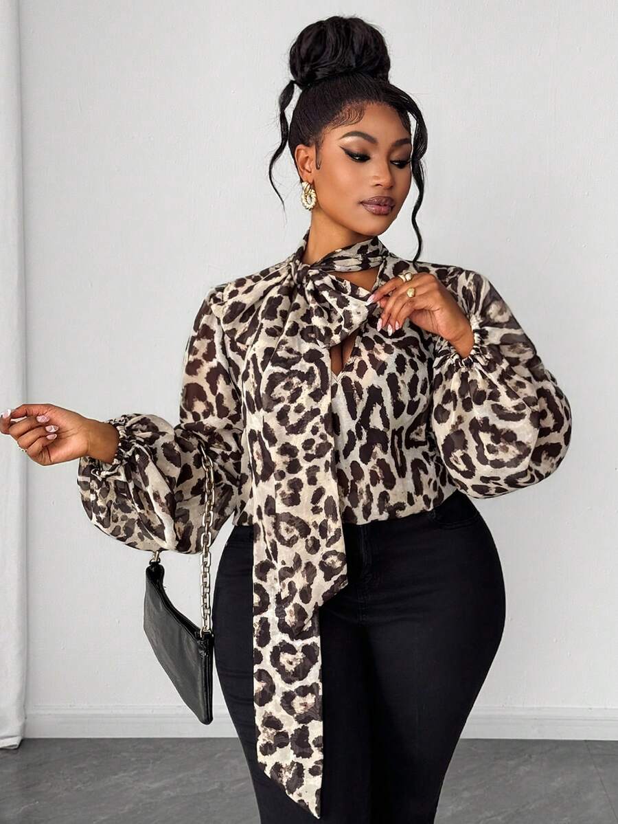 Maweii Plus Size Women's Leopard Print Sexy V-Neck Long Sleeve Blouse, Spring/Autumn - Multicolor - View 1
