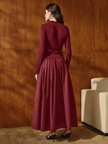 Anewsta 优雅针织拼接腰带装饰 A 字长裙，秋冬季，适合外出、正式场合、派对、时尚、新年、圣诞节、工作、毕业典礼、婚礼等场合。 - 酒紅色 - 查看 4