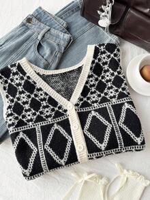 Comfortcana Áo vest dệt kim dáng suông họa tiết hình học jacquard dành cho nữ cỡ lớn - Nhiều màu - Xem 3
