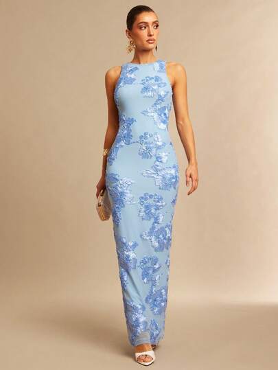 Silquee This Elegant And Charming Blue Round-Neck Sleeveless 3D Floral Embroidery Backless Maxi Dress Is Perfect For Spring/Summer Occasions Such As Vacations, Beaches, Weddings, Romantic Dates, And Upscale Parties. Whether It's A Girls' Night Out, A Spring/Summer Party, Valentine's Day, Vacation, A Date, A Garden Party, A Picnic, A Nightclub Party, Or An Elegant Evening Banquet, It's The Ideal Choice. The Fitted Cut Accentuates The Figure And Showcases Feminine Charm. Abaya For Women Gown