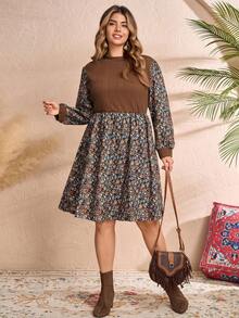 EMERY ROSE Vestido casual de talla grande con parches florales, otoño - Marrón - Ver 3