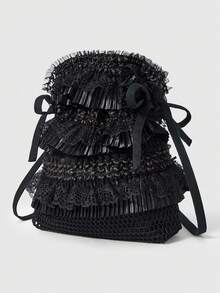 ROMWE Grunge Punk Multi Layer Pleated Lace Crossbody Bag - Black - View 2