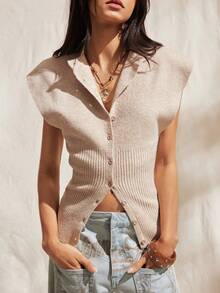 Easelle Women's Solid Color Simple Short-Sleeved Knit Top, Suitable For Everyday Wear. Short-Sleeved Button-Down Knit Top In Solid Color. - Khaki - View 5