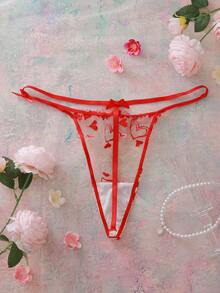 Elorette Plus Size Women Heart Embroidery Mesh Waist Bow Decor Thong Panty - Red - View 2