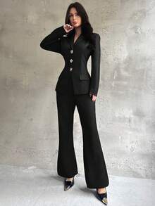 Firerie Bộ vest vest blazer phong cách cổ điển thanh lịch và quần ống loe ôm cho nữ - màu đen - Xem 7