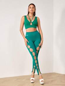 Menodora SHEIN Sport 女士纯色镂空钢管舞运动紧身裤 - 綠色 - 查看 6