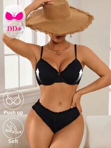Swim DD+ Women's Solid Color Ruffle Trim Swimsuit Set, Spring/Summer - Black - View 5