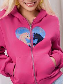 Y2Kool Maria Clara Maia Áo khoác hoodie nữ màu hồng cánh sen phong cách Y2K, kiểu dáng ngắn, họa tiết trái tim kỳ lân, thích hợp cho mùa thu/đông, dự tiệc, lễ hội, mặc hàng ngày. Áo hoodie màu hồng có khóa kéo, thích hợp cho sinh nhật nữ, lễ hội hóa trang. - Hồng - Xem 4