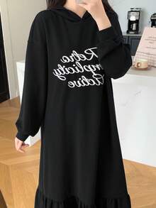 SHEIN Teen Girl College Letter Graphic Ruffle Hem Hoodie Casual Dress - Black - View 5
