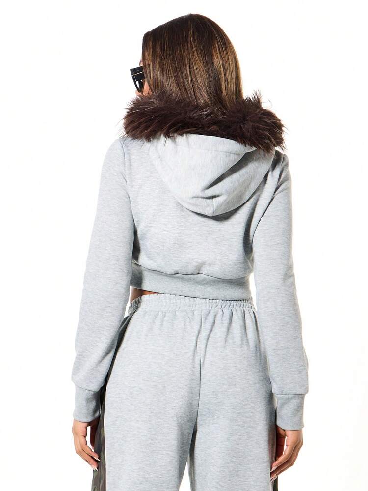 SUMWON WOMEN Ultra Crop Faux Fur Hood Zip Sweatshirt