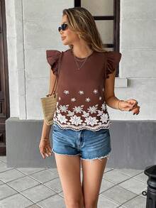 Serisse Áo cánh rộng rãi in họa tiết hoa giản dị có khoét nách dành cho nữ, thích hợp cho kỳ nghỉ hè ở bãi biển - màu nâu - Xem 6