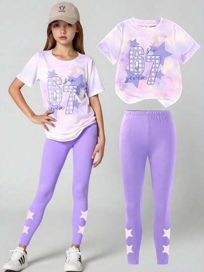 SHEIN ChillGRL 2pcs/Set Young Girl Casual Fashion Spring/Summer Short Sleeve T-Shirt And Leggings Set, Tie-Dye Print Design With Funny Number 67 And Star Pattern, Comfortable Round Neck T-Shirt And Purple Tight Pants, Suitable For Outdoor, Casual, Street, School, Party, Gift