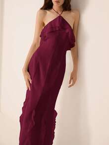 Revavyn White Chiffon Halter Neck Frill Trim Fitted Dress - Burgundy - View 4
