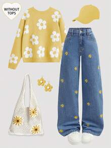 Girlism 少女Y2K宽松蓝色牛仔裤，饰有雏菊刺绣，适合秋季、冬季、休闲时尚度假、街头服饰，展现2000年代风格，也适合圣诞节穿着。 - 中等水洗藍 - 查看 7