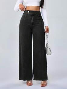 SHEIN Tall 女士高腰休闲宽松阔腿牛仔裤蓝色直筒裤高个女式牛仔裤 - 黑色 - 查看 5