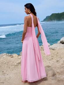 Opulessa Váy đi biển thiết kế xếp nếp màu trơn thanh lịch dành cho nữ - Hồng - Xem 5