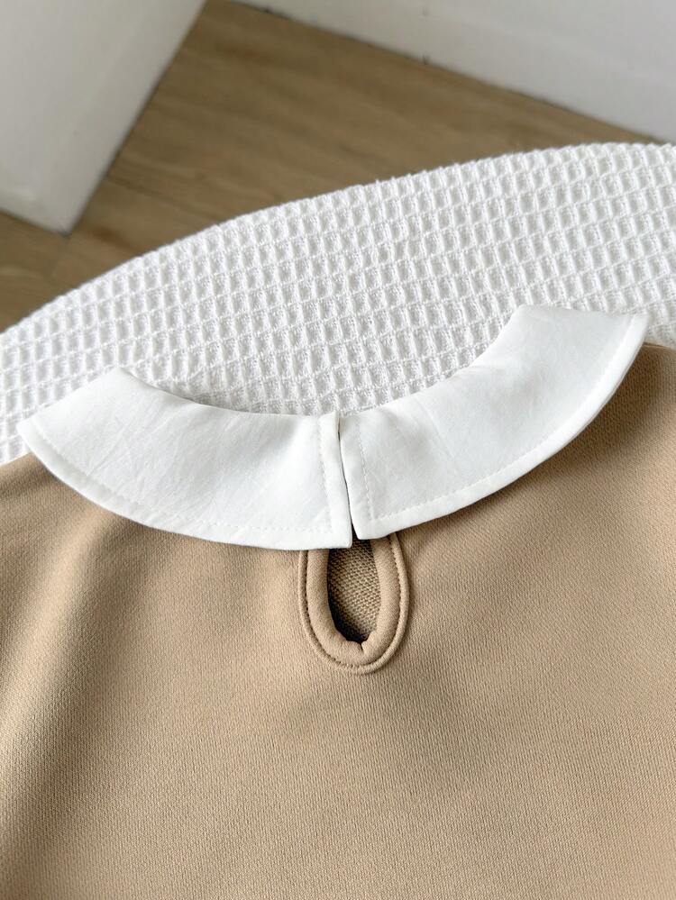 Playful Pals Young Girls Casual 2 In 1 Shirt Collar Front Printed Cute Pattern Ribbed Cuff Sweatshirt With Elastic Waist Vintage Plaid Pleated Hem Skirt Set, Autumn/Winter - Khaki - View 4
