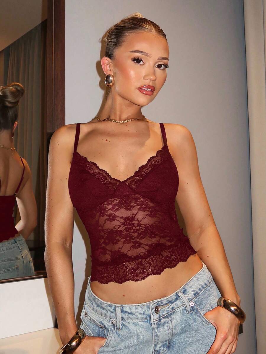 SHEIN BAE Women's V-Neck Lace Patchwork Sexy Sheer Party Camisole - Burgundy - View 1